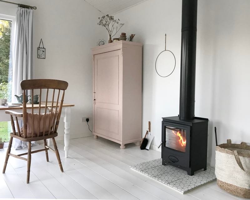 Humphrey and Grace's Hamlet Solution 5 Smoke Control (S3) stove lit in studio outbuilding