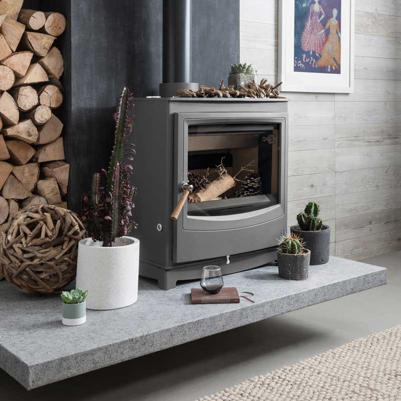 Farringdon Catalyst Eco wood burning stove shown in Mist grey 