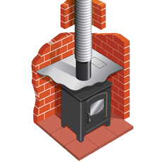 Stove fitted to a chimney lined with a flexible stainless steel liner.